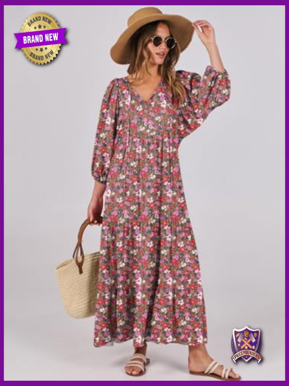 Boho V Neck Puff Sleeve Maxi Dress Flowy Tiered Ruffle - Picture 2 of 7